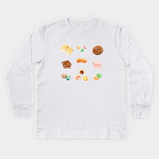 Taiwan Traditional Food - Nostalgic Snacks 台灣懷舊零食 - Apple Bread, Caramel Candy, Cream Puffs Kids Long Sleeve T-Shirt